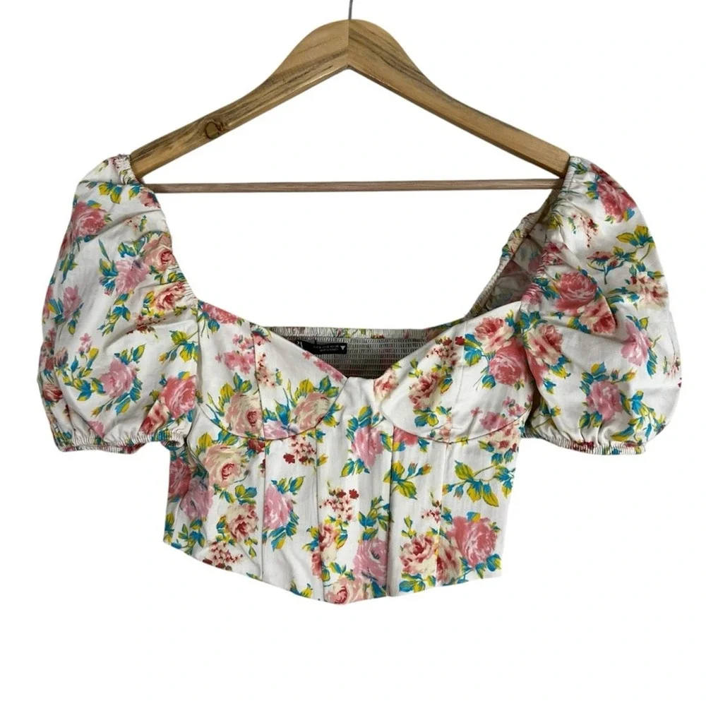 Zara Blouse Womens S White Floral Cropped Puff Sleeve Cottagecore Milkmaid